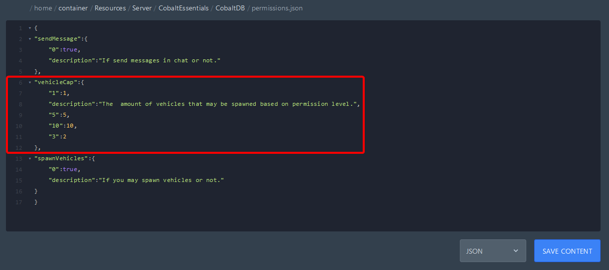 Gamepanel file editor for permissions.json, with default values set